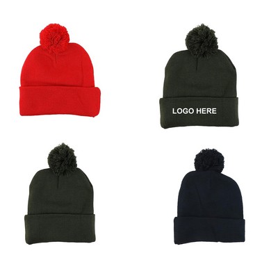 Acrylic Beanie w/Cuff & Pom Pom